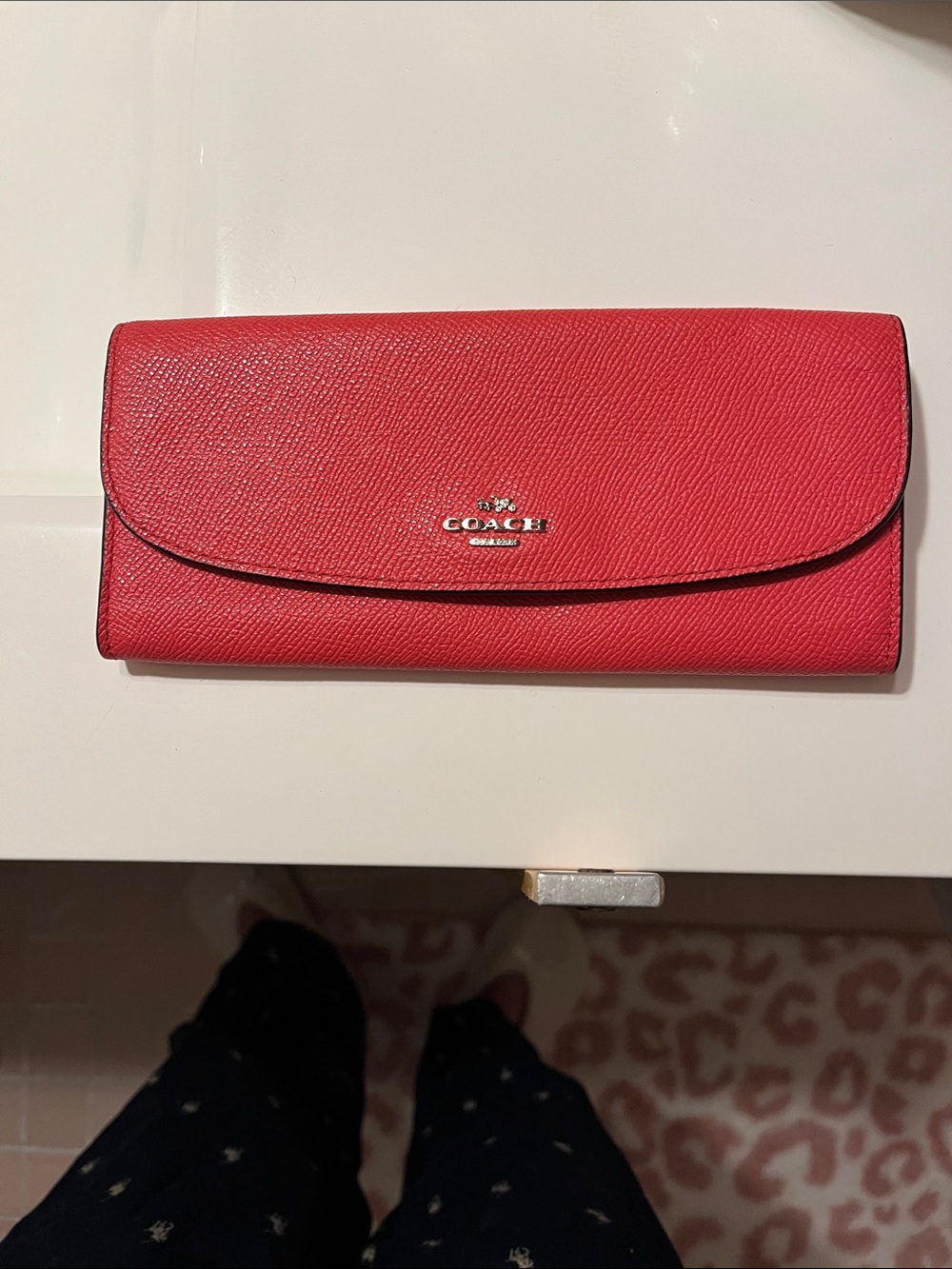 Coach Red Pebbled Leather Flap Wallet with Silver Logo